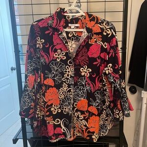 Chico's Black Top with Pink and Orange Floral Design sz 2. Large 12/14